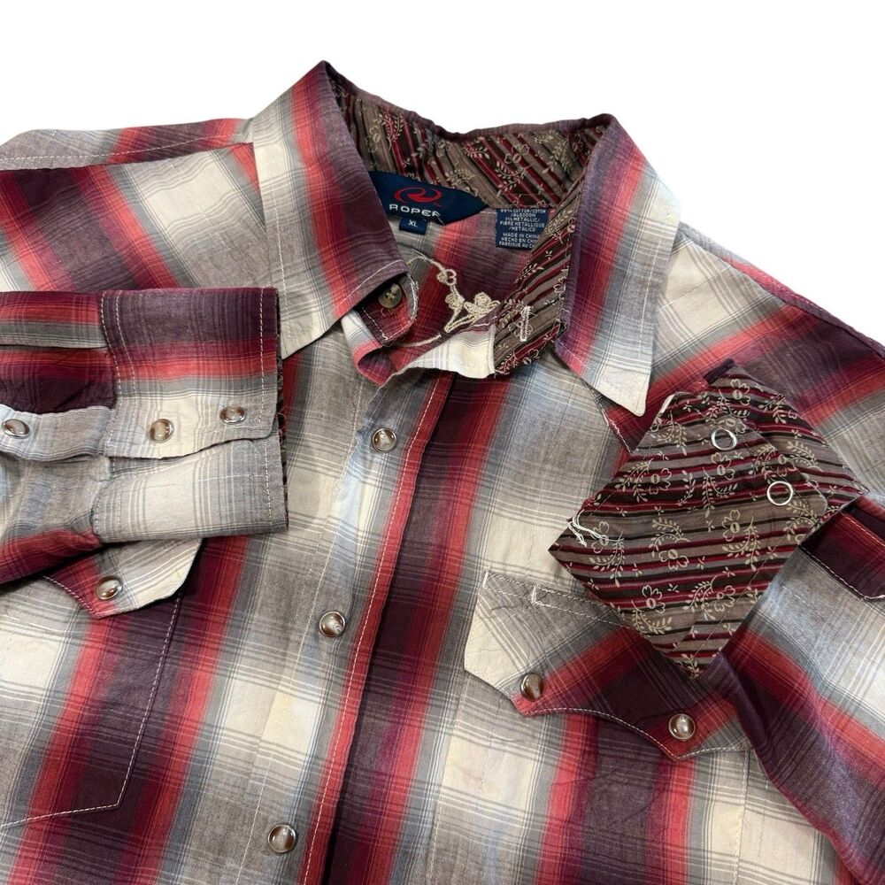 Roper Pearl Snap Plaid Metallic Embroidered Contrasting Cuffs Shirt XL Western